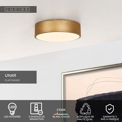 Lucide UNAR - Plafonnier - Ø 20 cm - LED 3 StepDim - 1x12W 2700K - Or Mat / Laiton